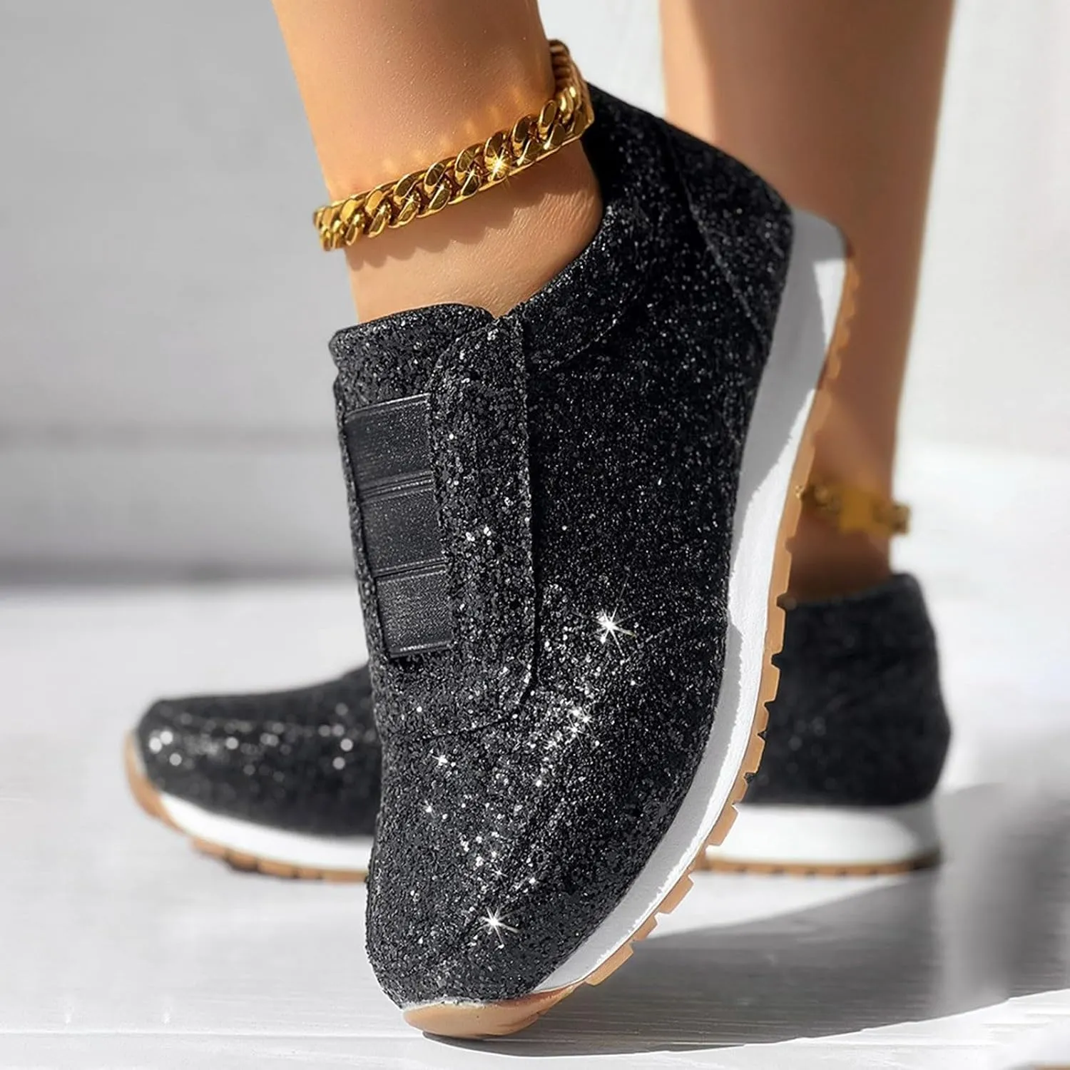 Glitter Tennis Shoes for Women Gold Sequins Tennis Sneakers Rhinestone Sparkly Mesh Breathable Slip On Casual Walking Shoes