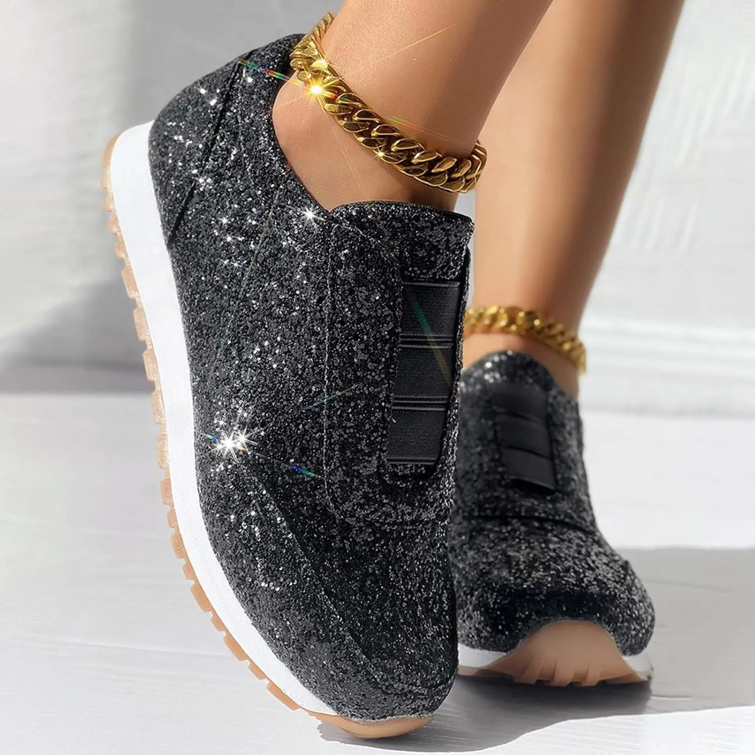 Glitter Tennis Shoes for Women Gold Sequins Tennis Sneakers Rhinestone Sparkly Mesh Breathable Slip On Casual Walking Shoes
