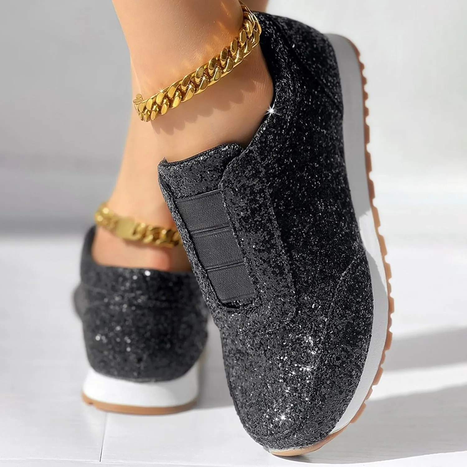 Glitter Tennis Shoes for Women Gold Sequins Tennis Sneakers Rhinestone Sparkly Mesh Breathable Slip On Casual Walking Shoes