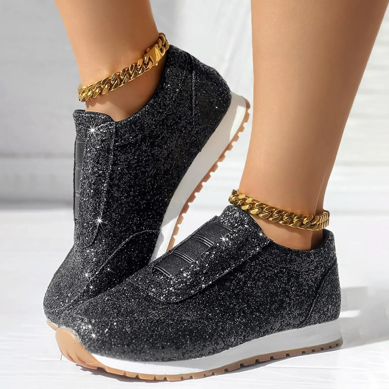 Glitter Tennis Shoes for Women Gold Sequins Tennis Sneakers Rhinestone Sparkly Mesh Breathable Slip On Casual Walking Shoes