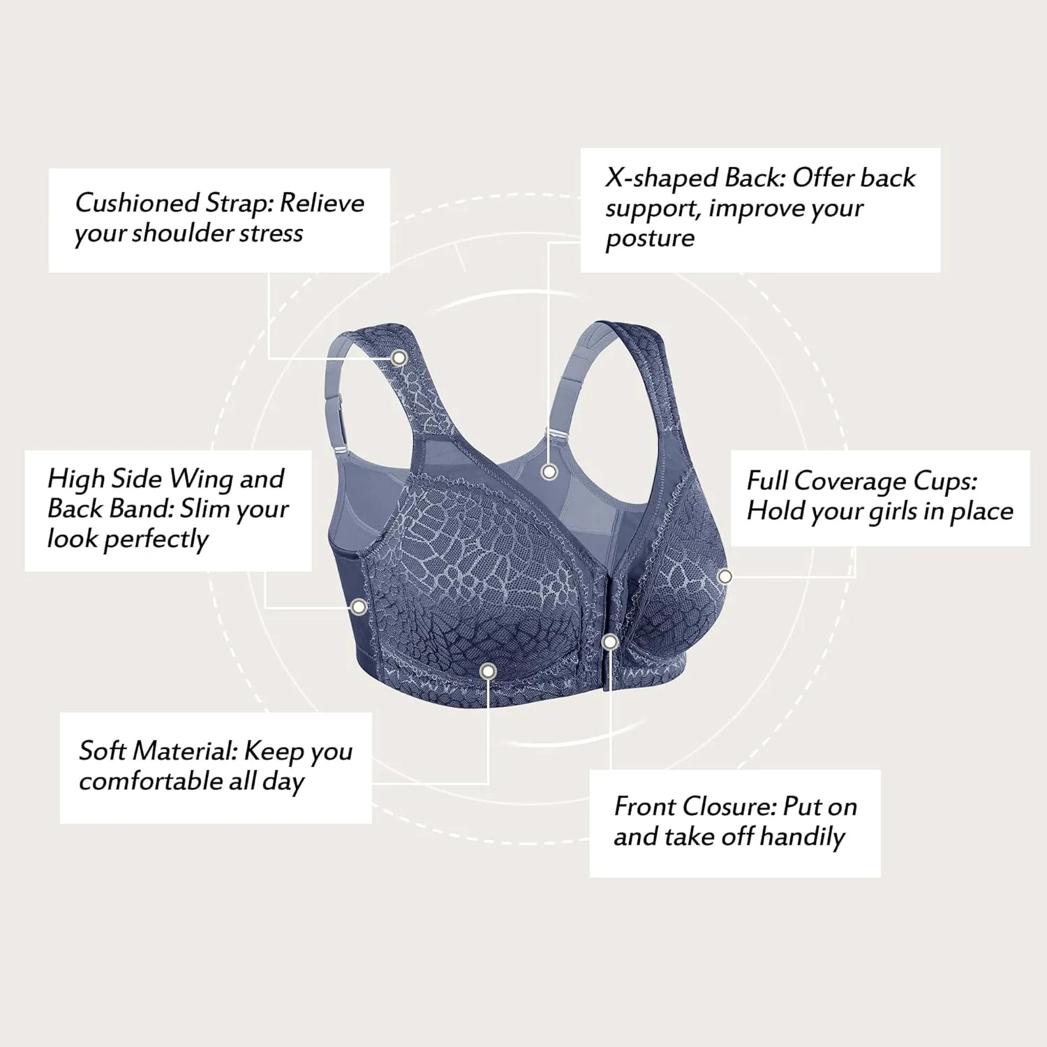 HACI Front Closure Posture Bra Back Support Unpadded Wireless Support Everyday
