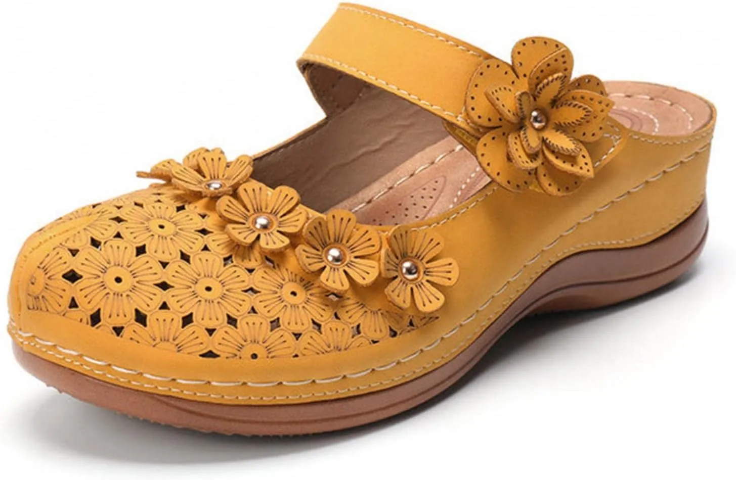 Hbeylia Platform Sandals For Women,Ladies Summer Slip On Flower Design Hollow Out Buckle Chunky Platform Wedge Orthopedic Sandals for Women With Arch Support