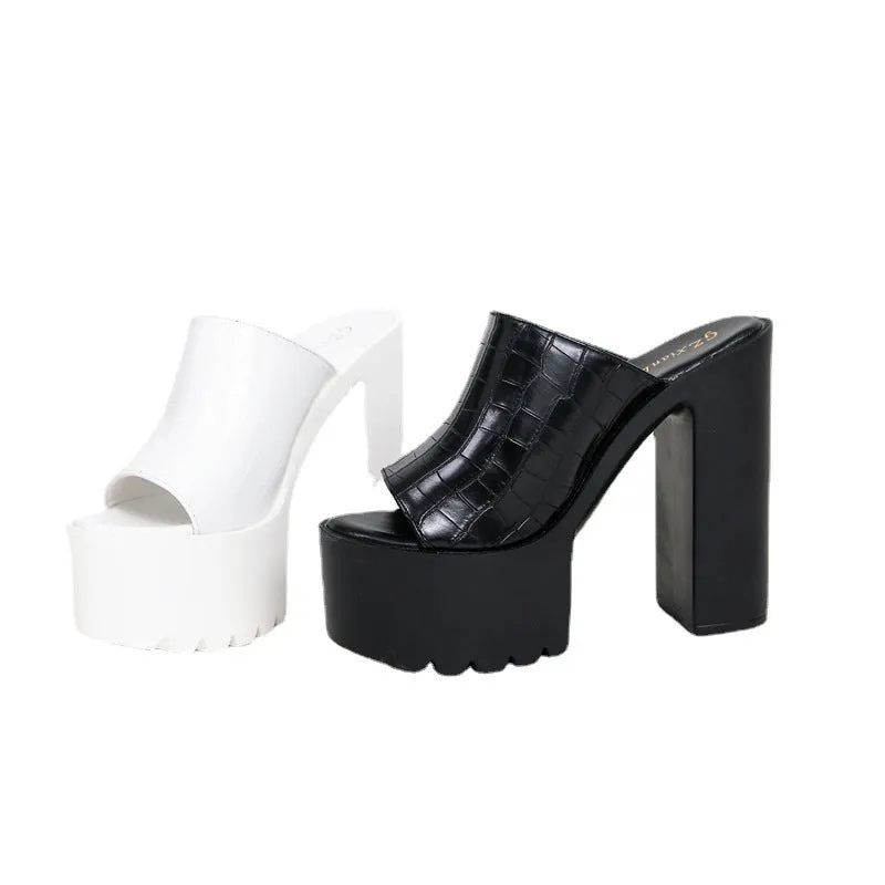 High Heel Waterproof Platform Patent Leather Peep-toe Slippers