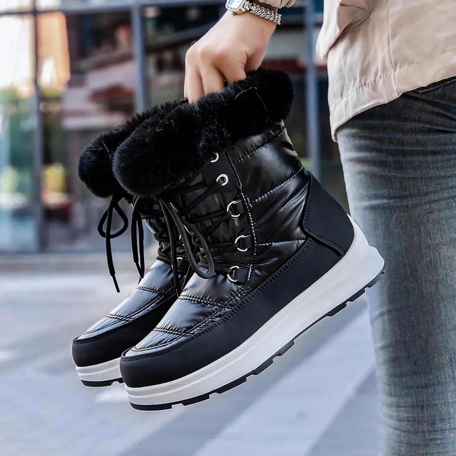 HINDOLA Waterproof Snow Boots for Women Faux Fur Cozy Warm Insulated Winter Boots Lace Up Mid-Calf Outdoor Shoes Walking Hiking Booties