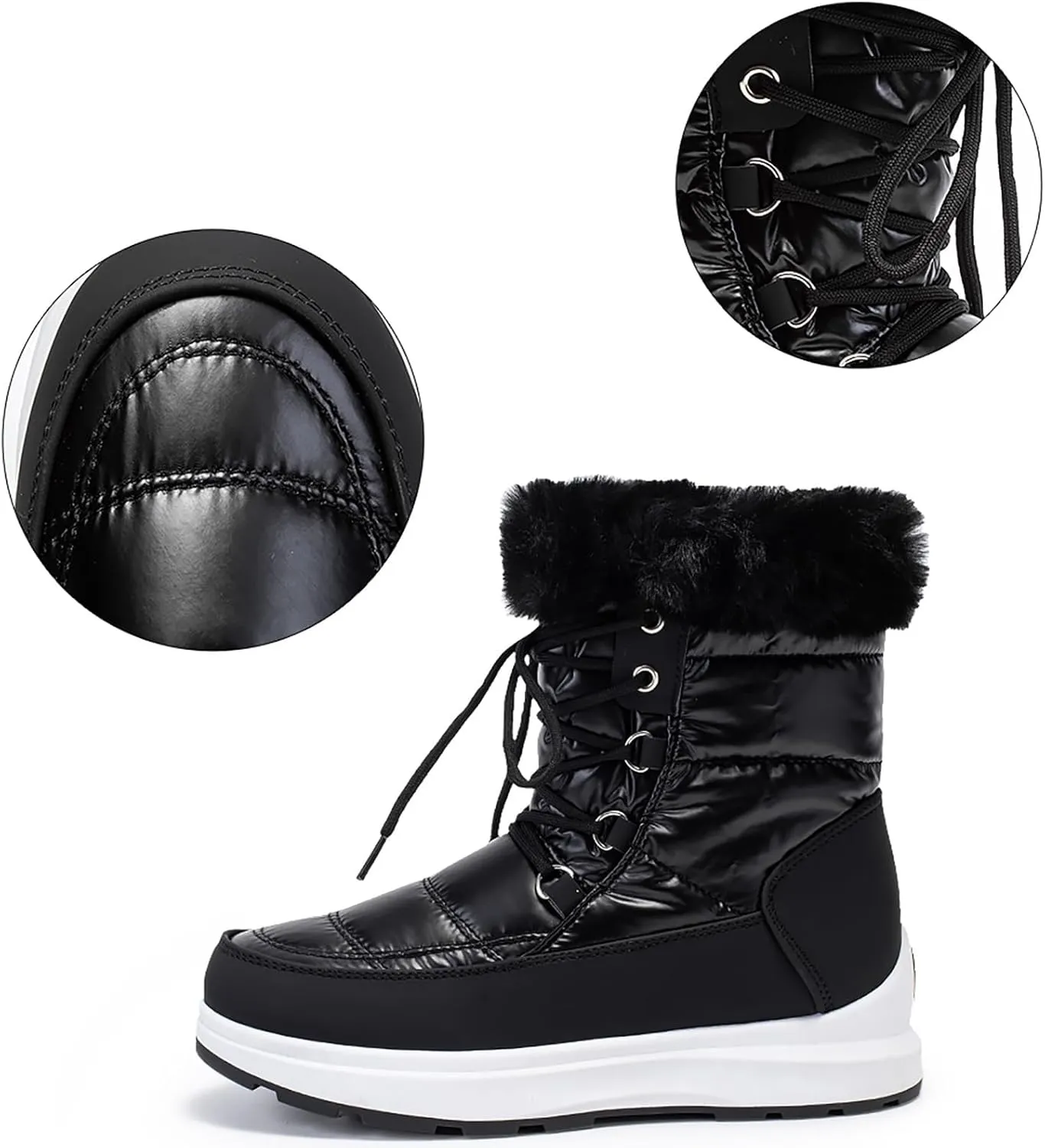 HINDOLA Waterproof Snow Boots for Women Faux Fur Cozy Warm Insulated Winter Boots Lace Up Mid-Calf Outdoor Shoes Walking Hiking Booties