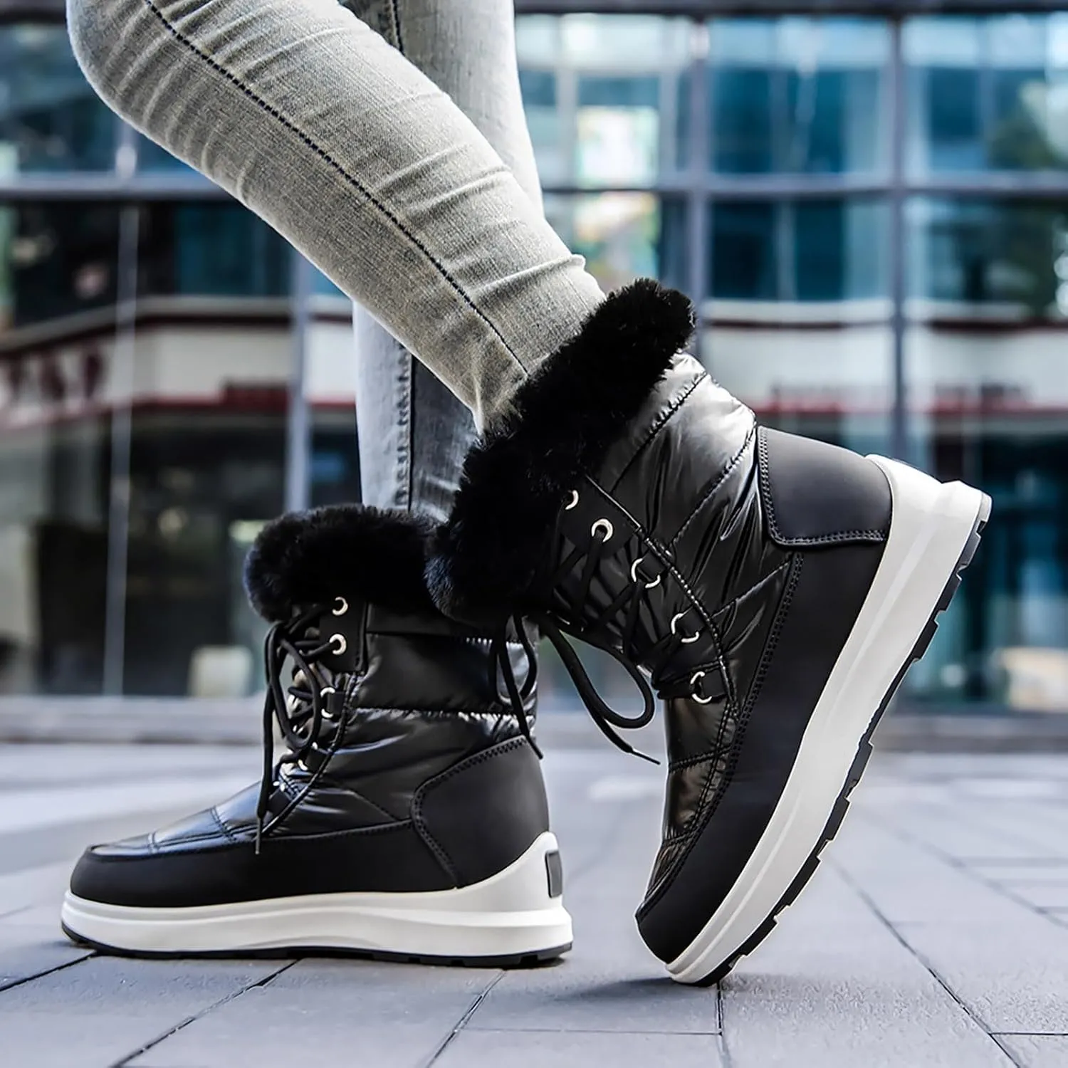 HINDOLA Waterproof Snow Boots for Women Faux Fur Cozy Warm Insulated Winter Boots Lace Up Mid-Calf Outdoor Shoes Walking Hiking Booties