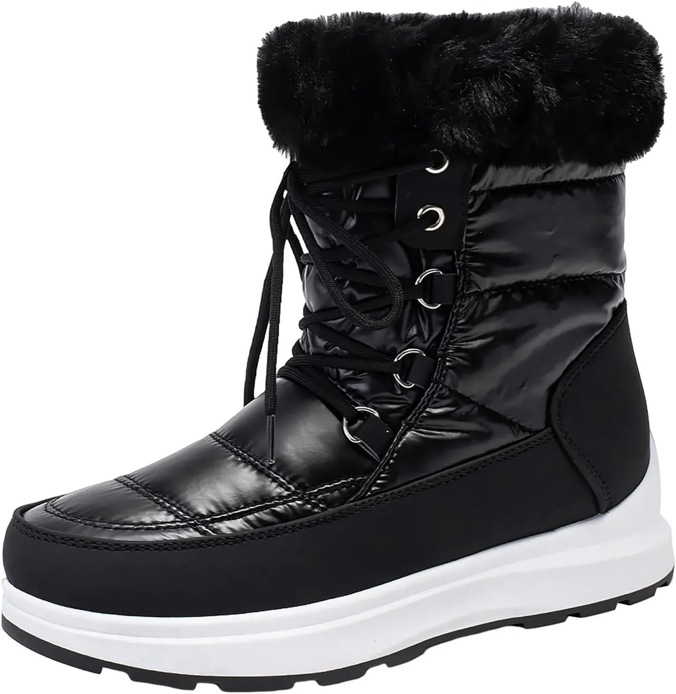 HINDOLA Waterproof Snow Boots for Women Faux Fur Cozy Warm Insulated Winter Boots Lace Up Mid-Calf Outdoor Shoes Walking Hiking Booties