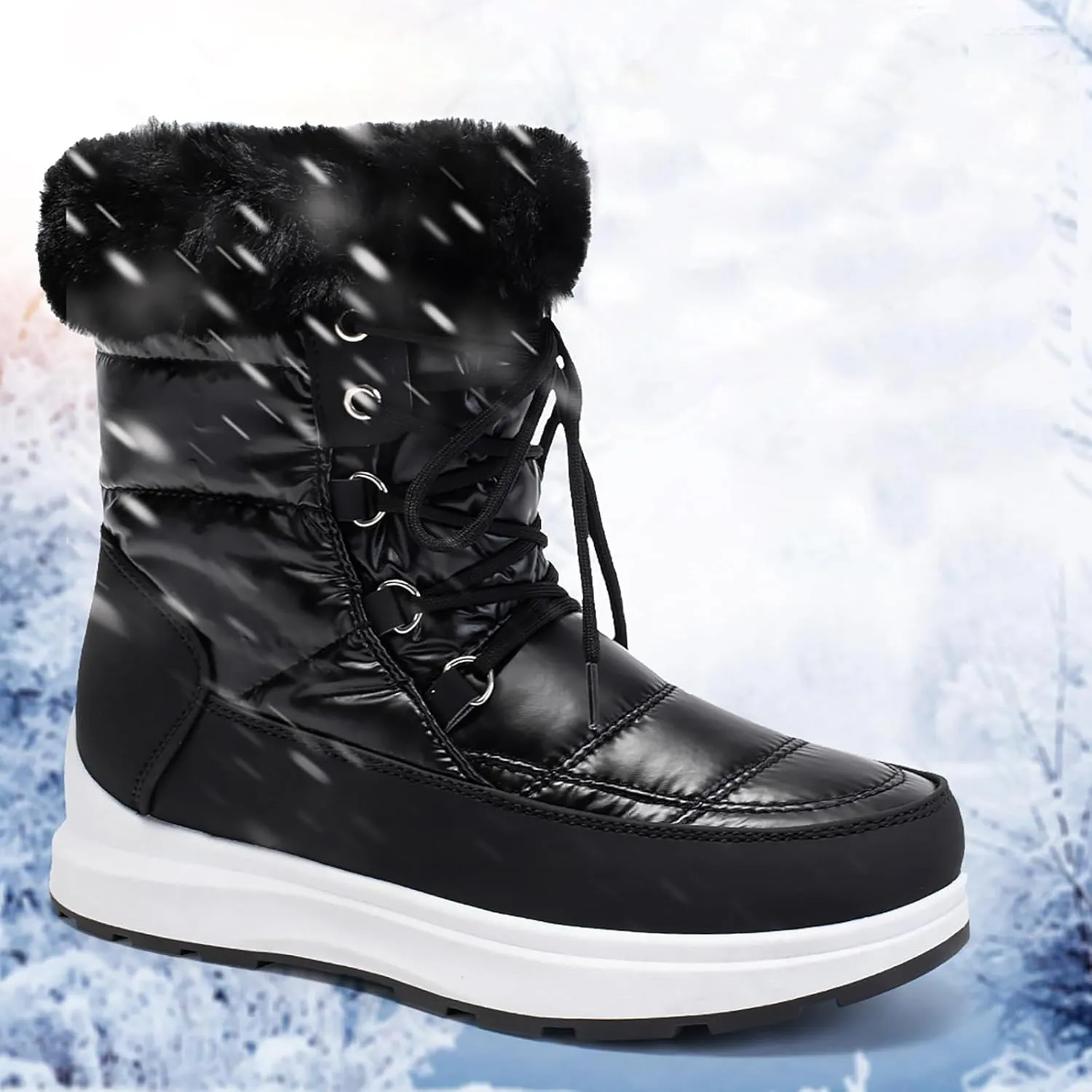 HINDOLA Waterproof Snow Boots for Women Faux Fur Cozy Warm Insulated Winter Boots Lace Up Mid-Calf Outdoor Shoes Walking Hiking Booties
