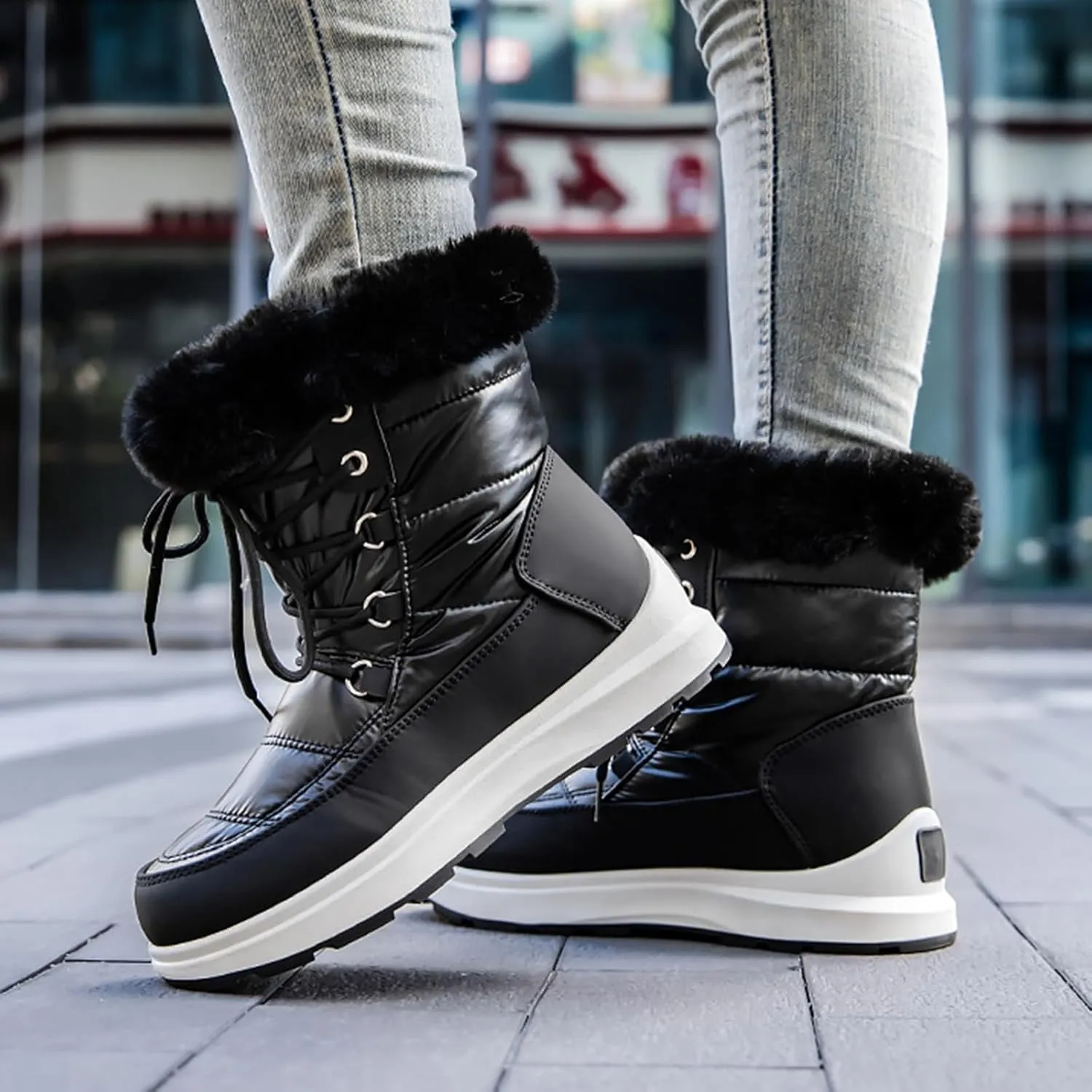 HINDOLA Waterproof Snow Boots for Women Faux Fur Cozy Warm Insulated Winter Boots Lace Up Mid-Calf Outdoor Shoes Walking Hiking Booties