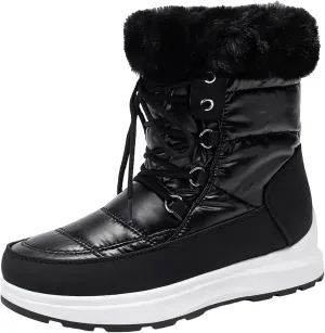 HINDOLA Waterproof Snow Boots for Women Faux Fur Cozy Warm Insulated Winter Boots Lace Up Mid-Calf Outdoor Shoes Walking Hiking Booties