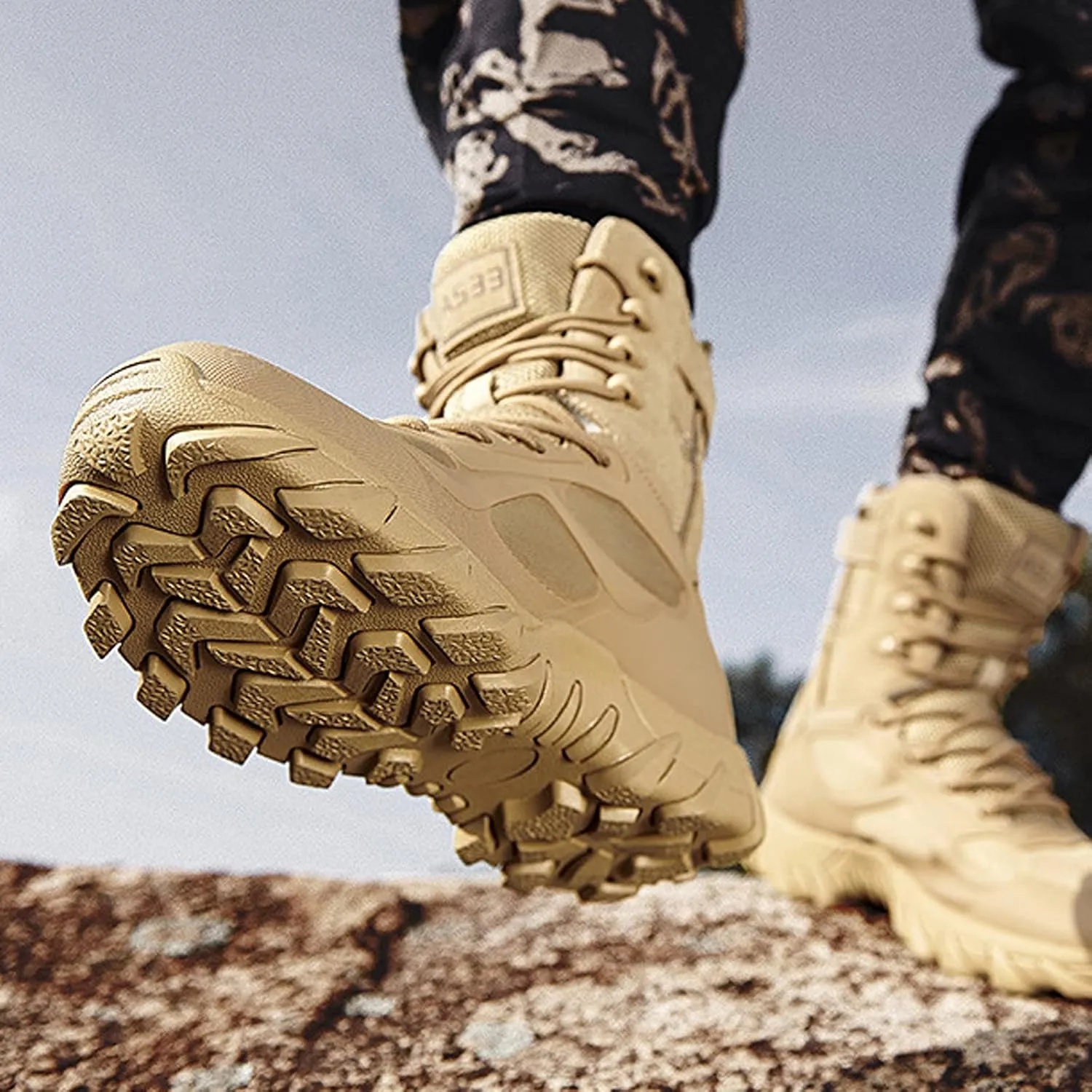 hongrenamz Hiking Boots Men's Waterproof High Top Lightweight Non-Slip Trekking Trail Outdoor Sport Shoes for Adults Sand-EU43/US9