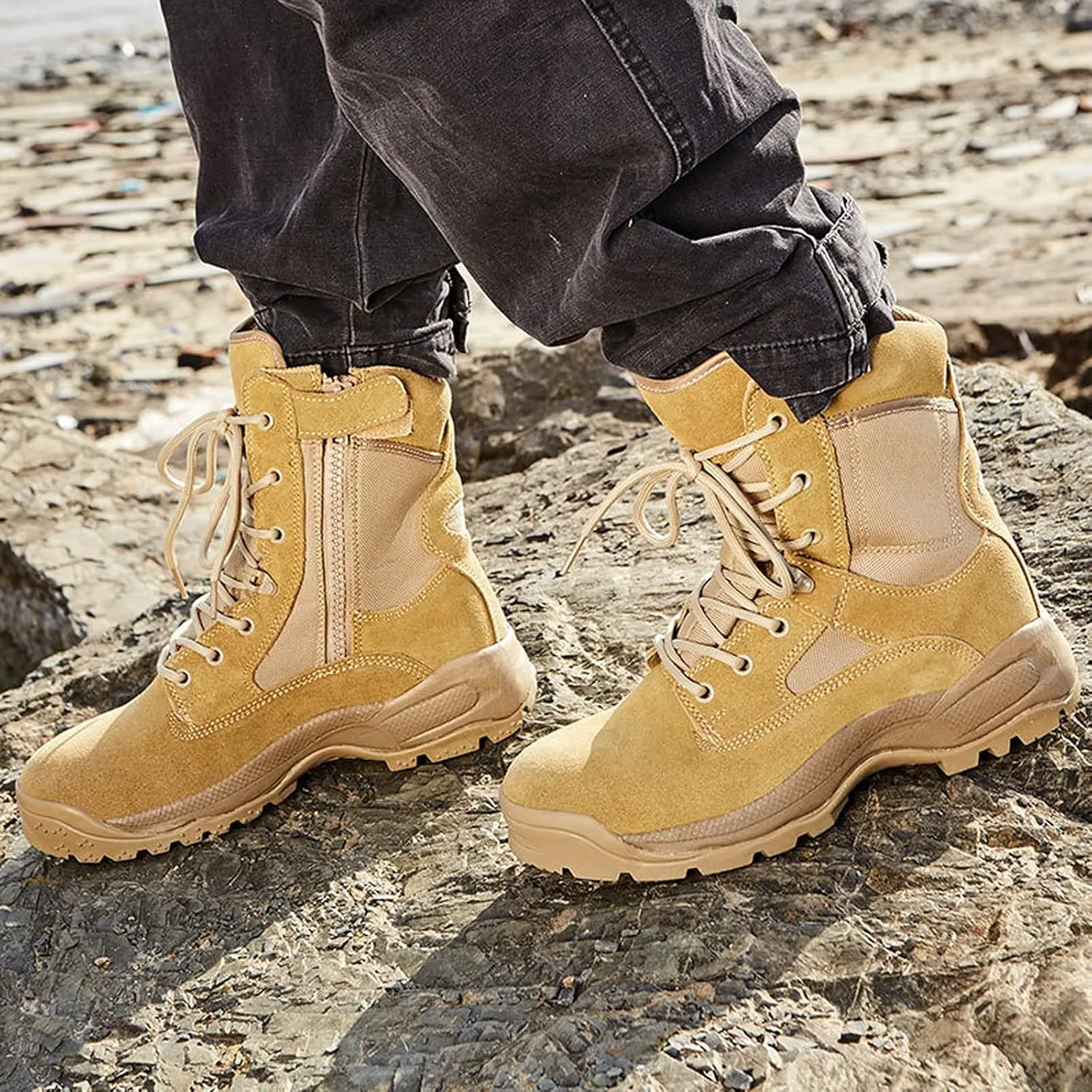 hongrenamz Mens Hiking Boots Lightweight Waterproof Non-Slip Walking Shoes High Rise Trekking Shoes-Sand||EU45/US11