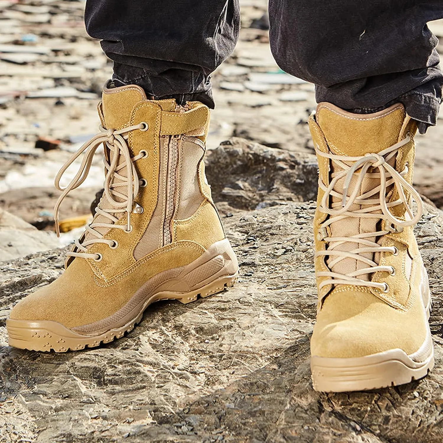 hongrenamz Mens Hiking Boots Lightweight Waterproof Non-Slip Walking Shoes High Rise Trekking Shoes-Sand||EU45/US11