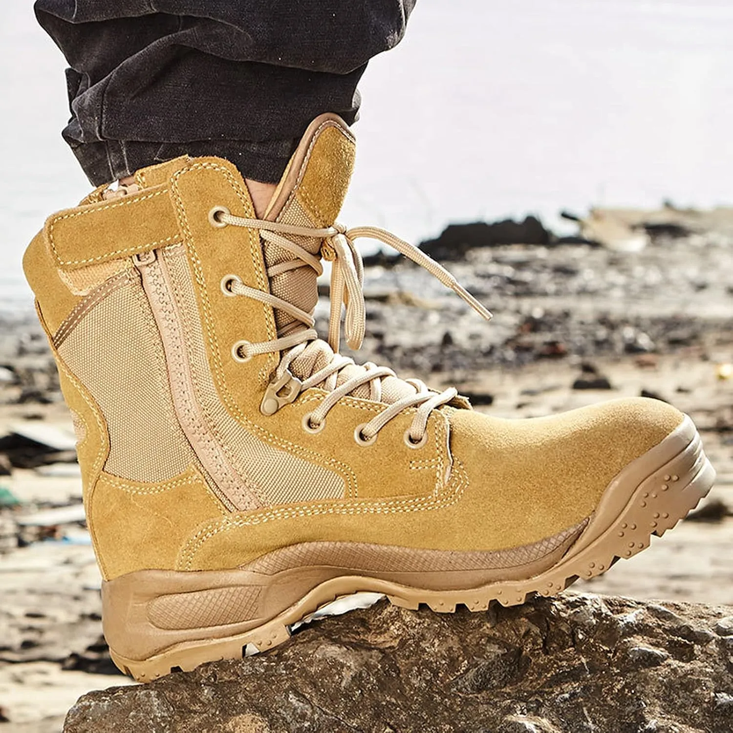 hongrenamz Mens Hiking Boots Lightweight Waterproof Non-Slip Walking Shoes High Rise Trekking Shoes-Sand||EU45/US11