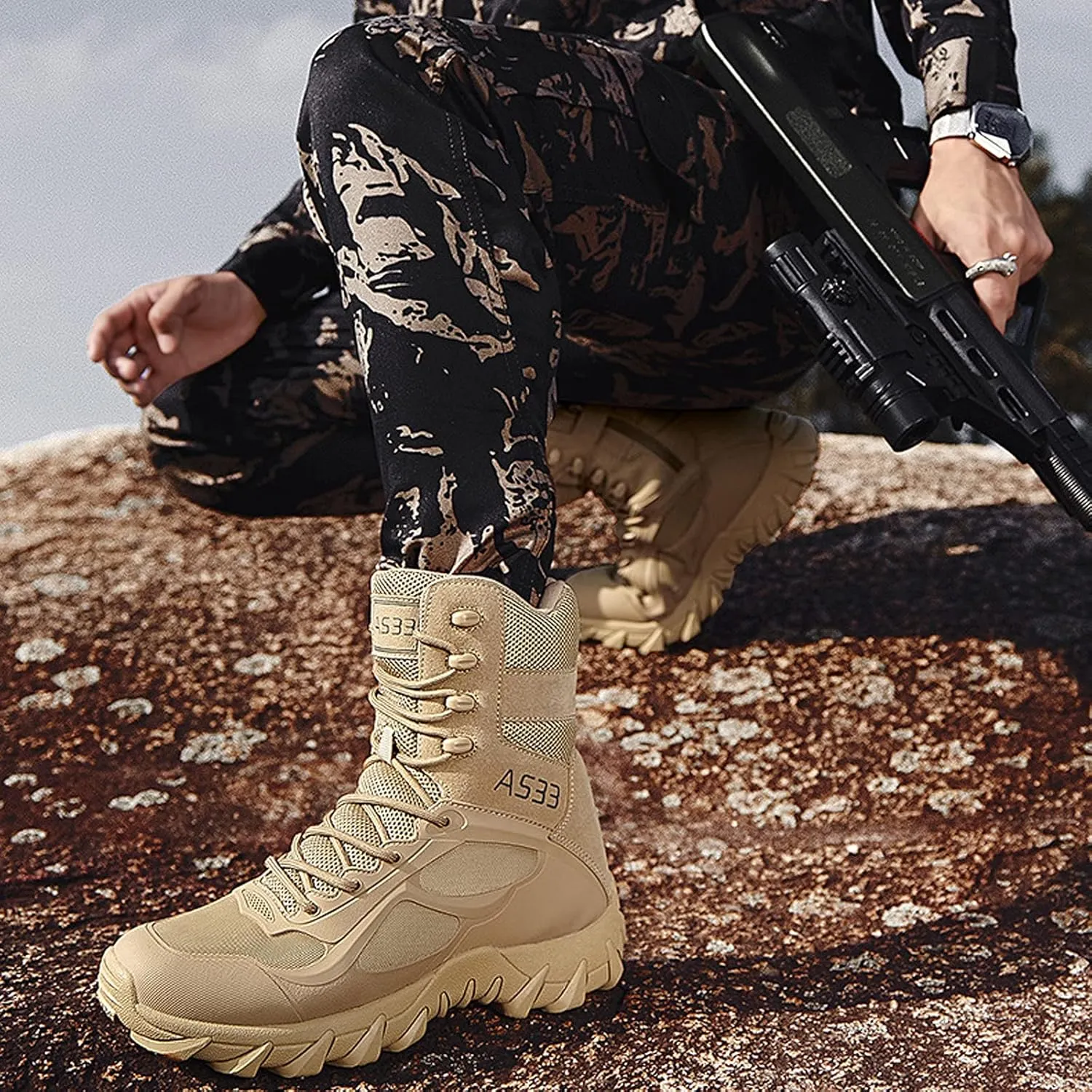 hongrenamz Men's Hiking Boots Waterproof High Top Outdoor Walking Lace Up Anti-Slip Breathable Ankle Boots Casual Camping Trekking Shoes Sand-EU39/US7