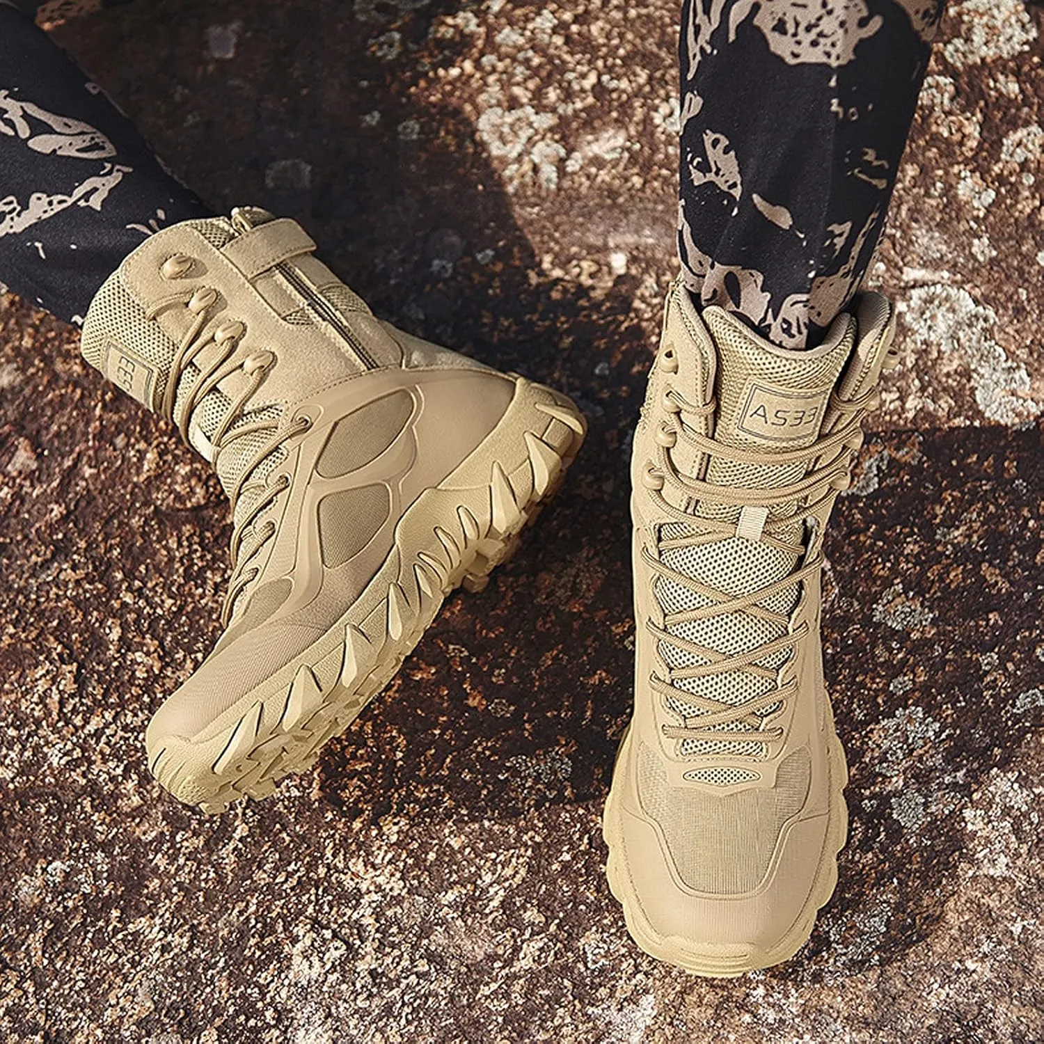 hongrenamz Men's Hiking Boots Waterproof High Top Outdoor Walking Lace Up Anti-Slip Breathable Ankle Boots Casual Camping Trekking Shoes Sand-EU39/US7