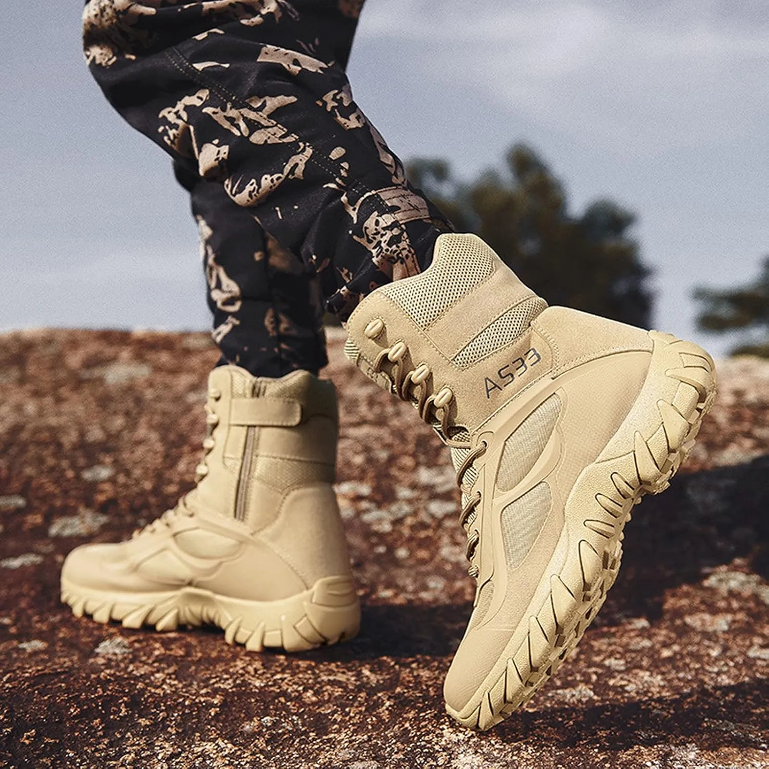 hongrenamz Men's Hiking Boots Waterproof High Top Outdoor Walking Lace Up Anti-Slip Breathable Ankle Boots Casual Camping Trekking Shoes Sand-EU39/US7