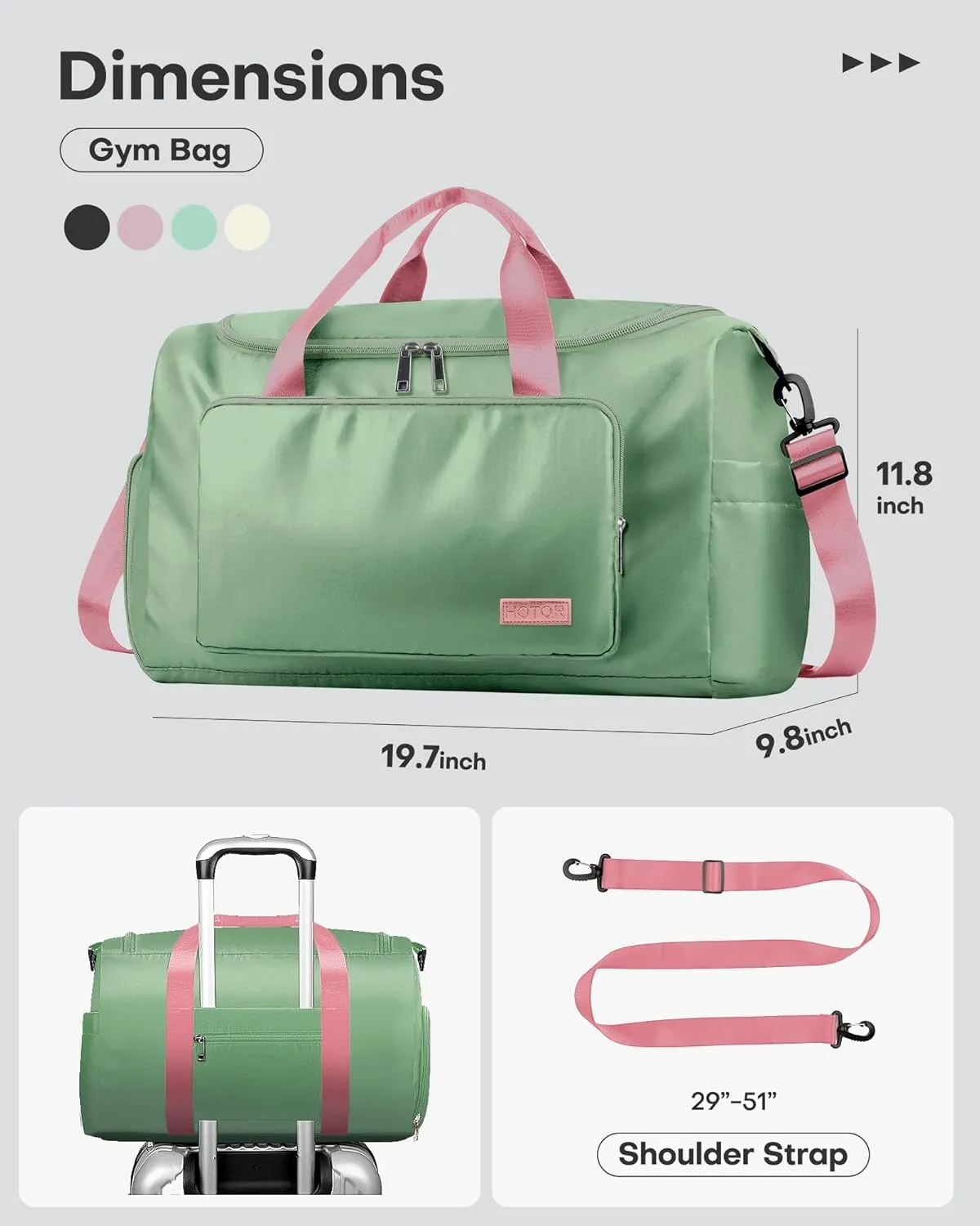 HOTOR Gym Bag for Men and Women - Travel Duffle Bag with Shoe Compartment and Waterproof Pocket, Carry on Luggage with Trolley Sleeve for Sports, Weekend Trips, Green, 19.7"  9.8"  11.8"