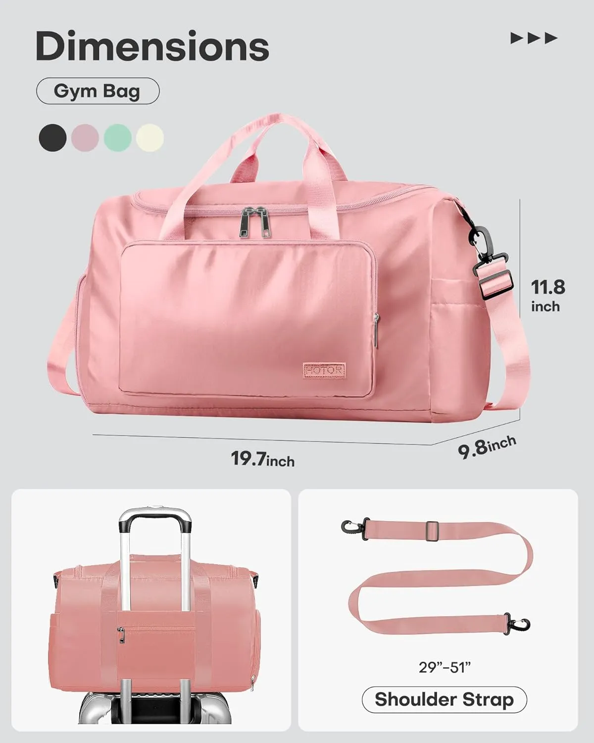 HOTOR Gym Bag for Men and Women - Travel Duffle Bag with Shoe Compartment and Waterproof Pocket, Carry on Luggage with Trolley Sleeve for Sports, Weekend Trips, Pink, 19.7"  9.8"  11.8"