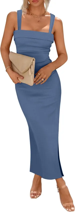 IHOT Women's 2025 Bodycon Maxi Dress Square Neck Casual Sleeveless Side Slit Ribbed Knited Long Tank Dress