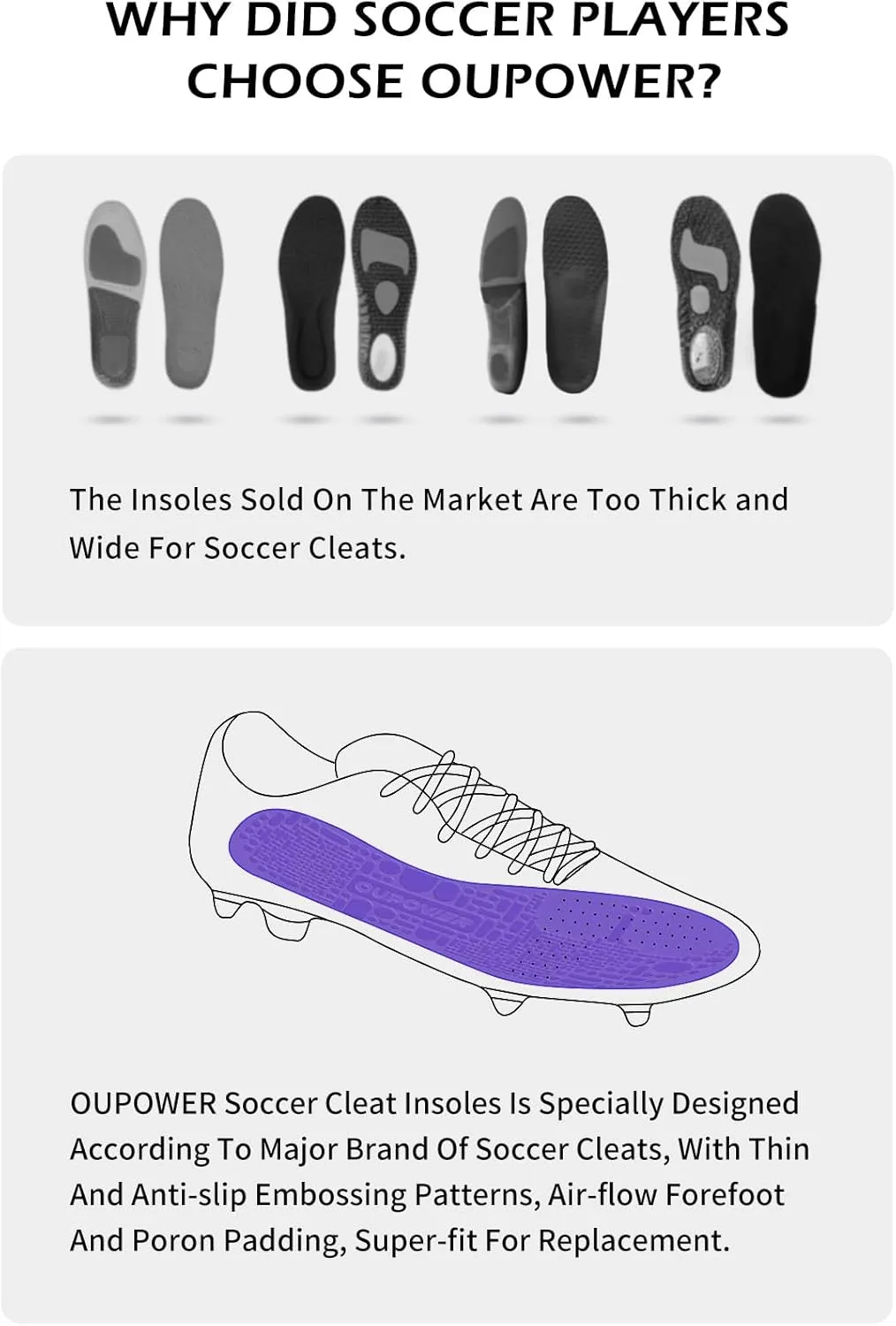 Insoles for Soccer Cleats Shock Absorption Arch Supports Anti-Slip Breathable for Men Women Boy Girl Kids-Purple (US7.5-8)