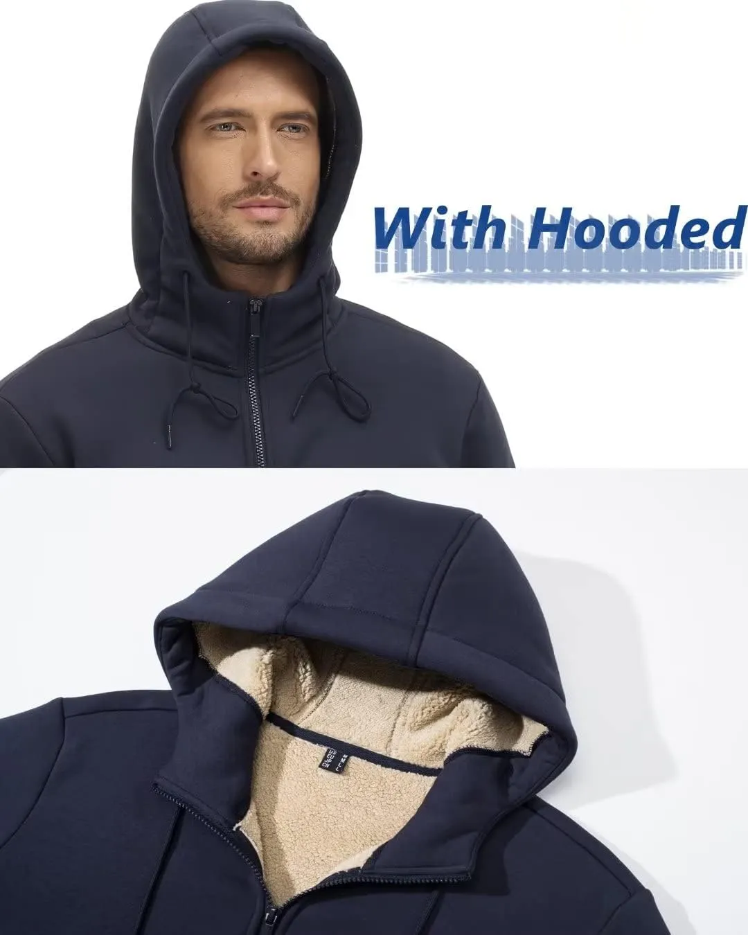 KEFITEVD Men's Hoodie Sweatshirt Winter Heavyweight Fleece Sherpa Lined Warm Jacket Full Zip Windproof Work Casual Jacket