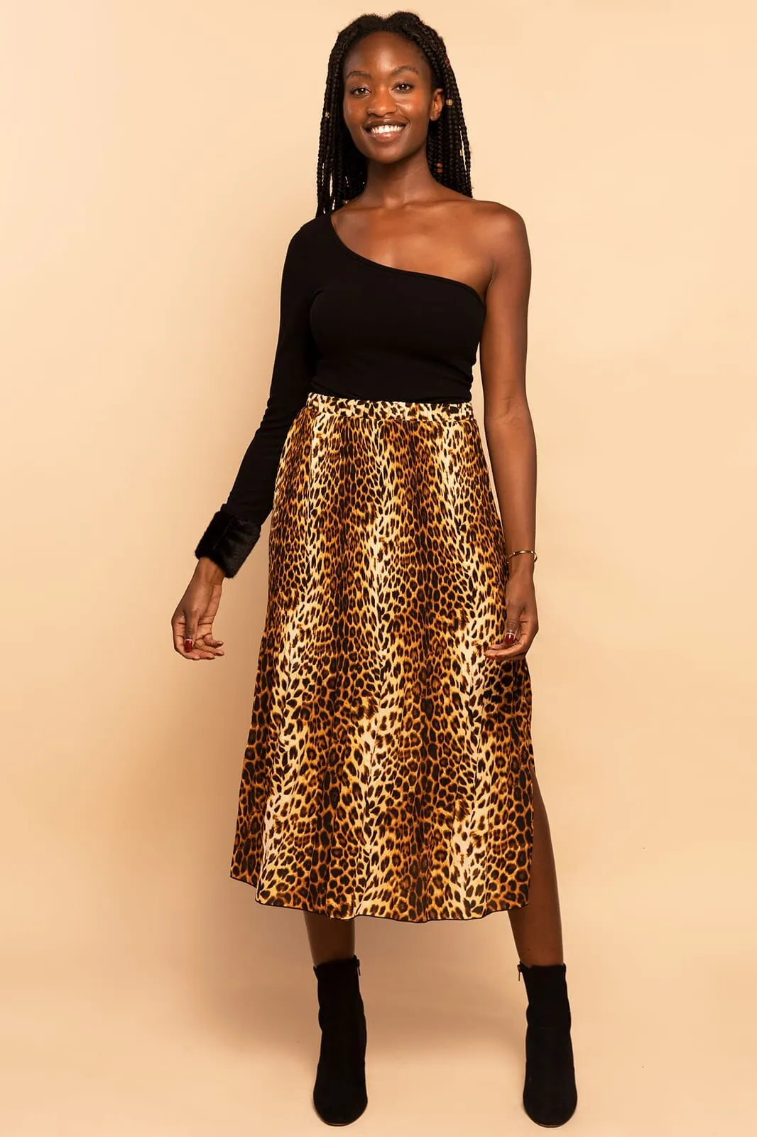 Leopard Animal Print Pleated Midi Skirt