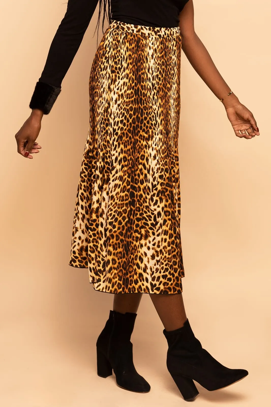 Leopard Animal Print Pleated Midi Skirt