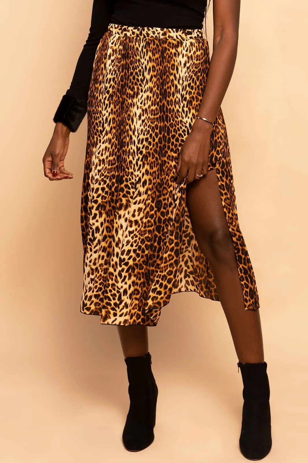 Leopard Animal Print Pleated Midi Skirt