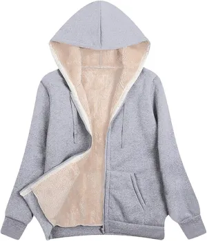 LFEOOST Sherpa Jacket Women Winter Fashion Fleece Lined Warm Full Zip Up Hoodies Solid Long Sleeve Coats Plus Size Sweatshirt
