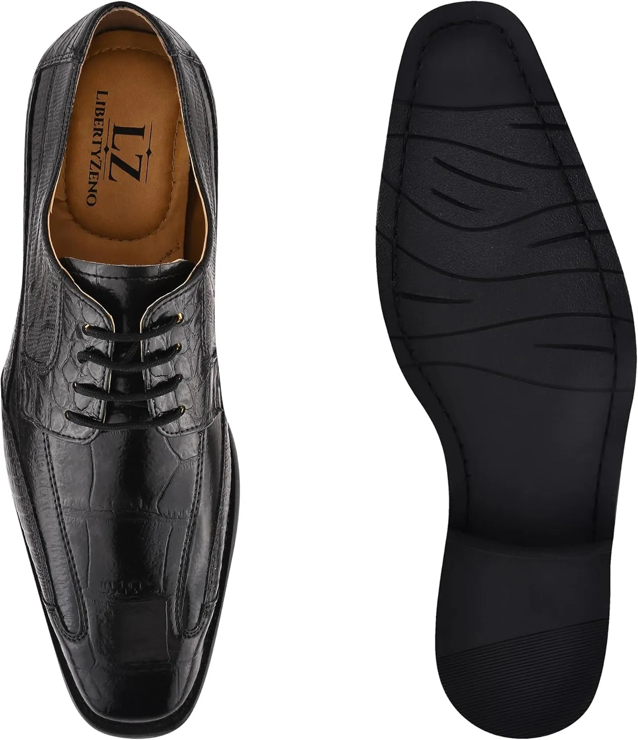 LIBERTYZENO Mens Wingtip Brogue EEL & Croco Print Genuine Leather Adults Lace Up Oxford Dress Shoes for Prom Graduation