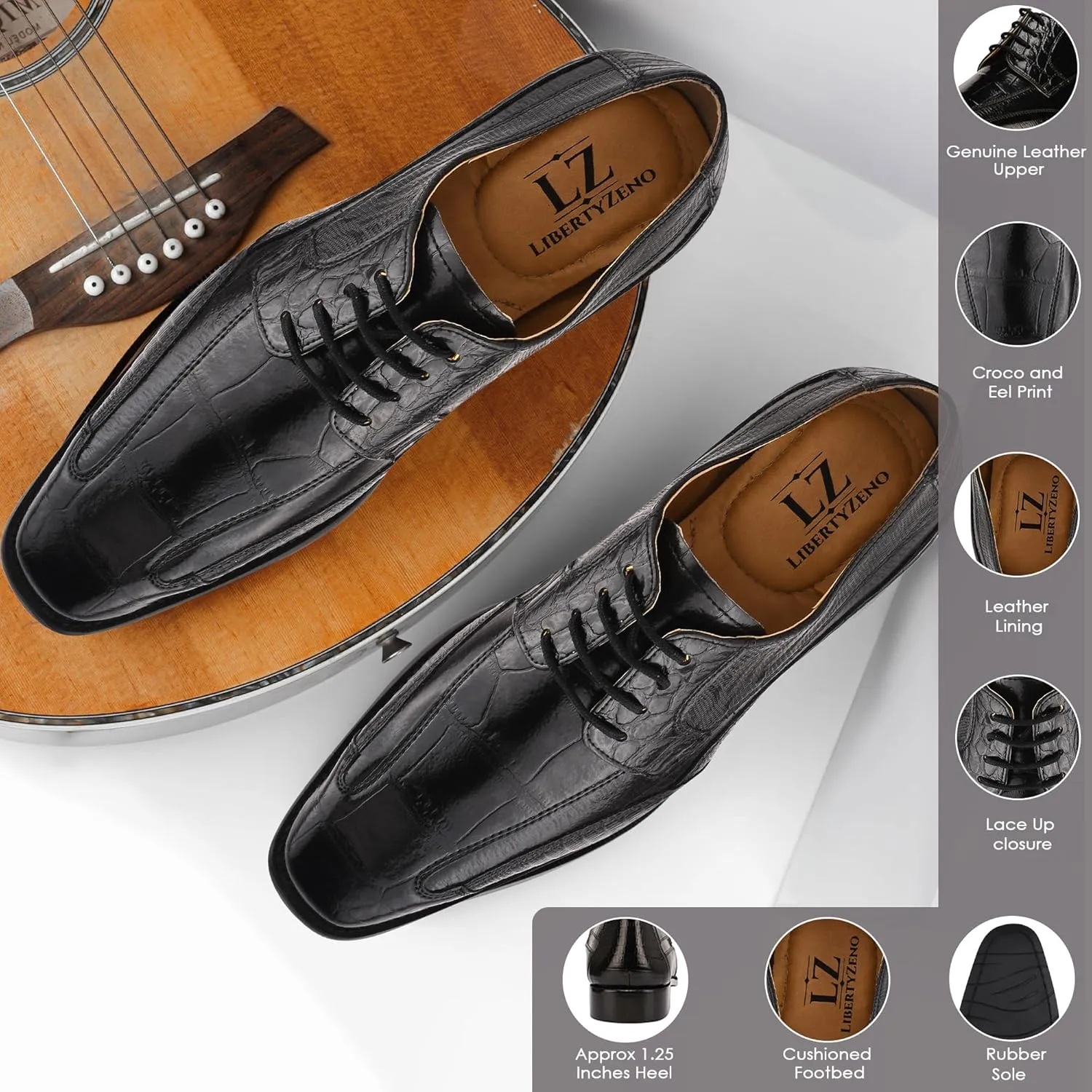 LIBERTYZENO Mens Wingtip Brogue EEL & Croco Print Genuine Leather Adults Lace Up Oxford Dress Shoes for Prom Graduation