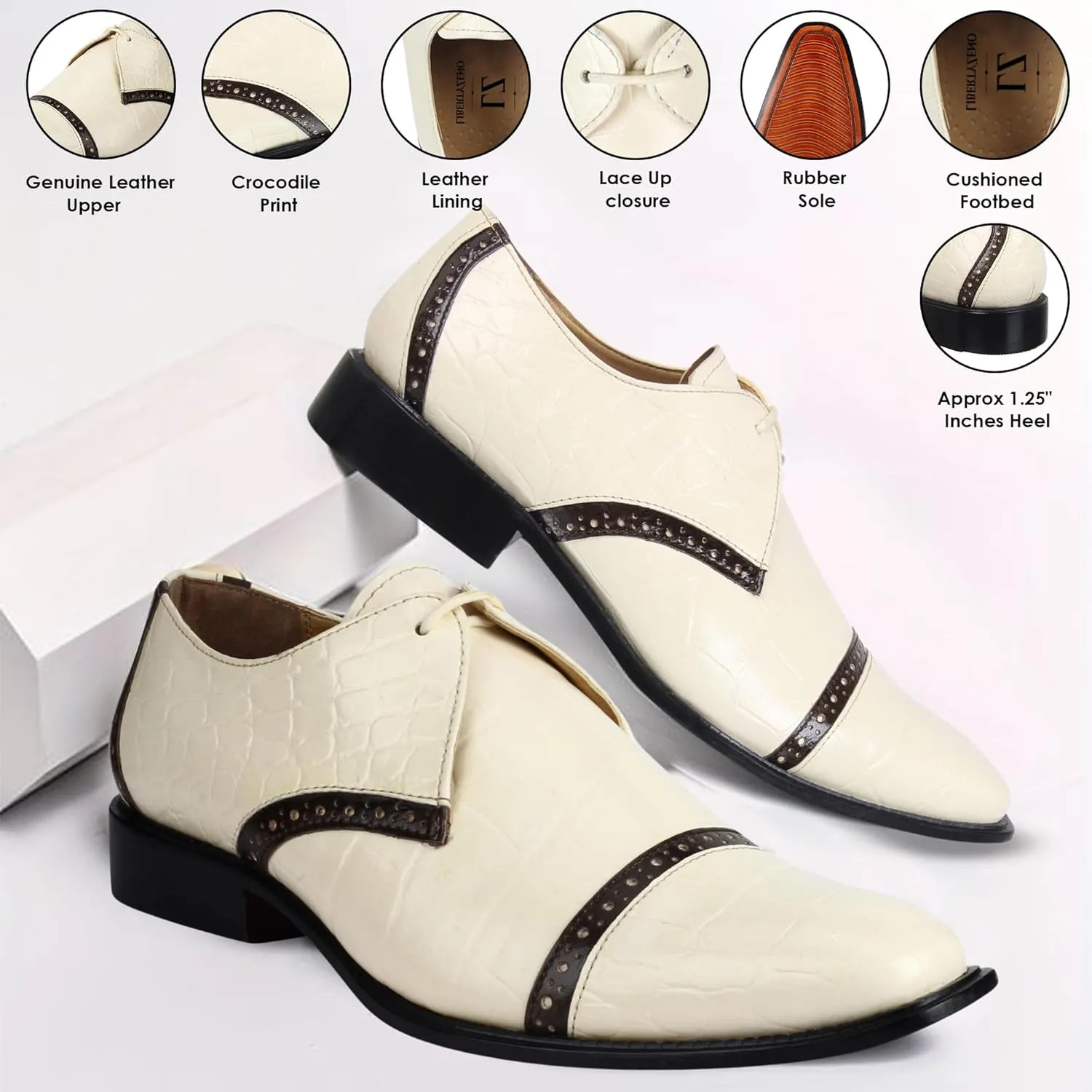 LIBERTYZENO Mens Wingtip Brogue EEL & Croco Print Genuine Leather Adults Lace Up Oxford Dress Shoes for Prom Graduation