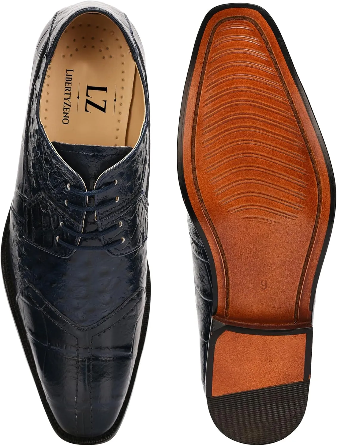 LIBERTYZENO Mens Wingtip Brogue EEL & Croco Print Genuine Leather Adults Lace Up Oxford Dress Shoes for Prom Graduation