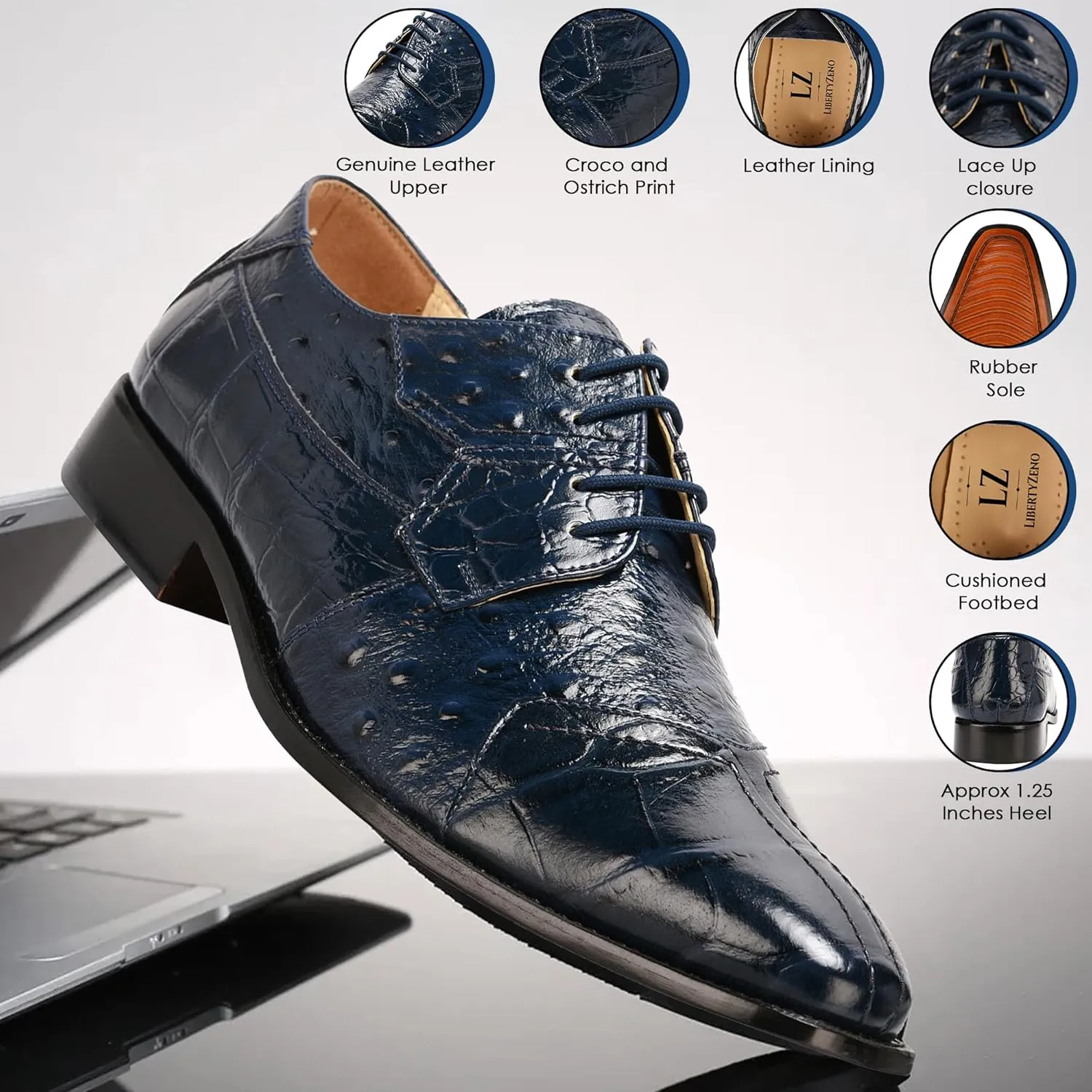 LIBERTYZENO Mens Wingtip Brogue EEL & Croco Print Genuine Leather Adults Lace Up Oxford Dress Shoes for Prom Graduation