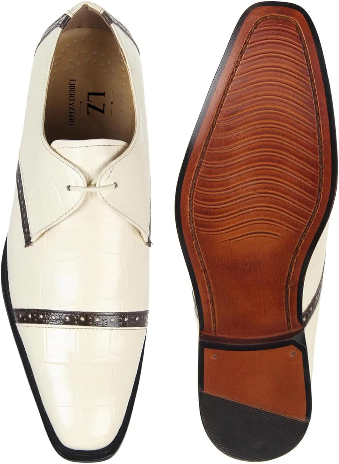 LIBERTYZENO Mens Wingtip Brogue EEL & Croco Print Genuine Leather Adults Lace Up Oxford Dress Shoes for Prom Graduation