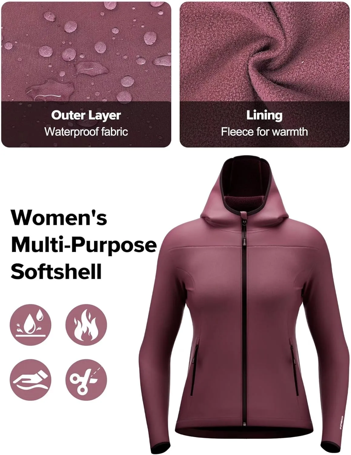 Lightweight Softshell Jacket Women with Hood, Fleece Lined Windproof Water Resistant windbreaker for Hiking