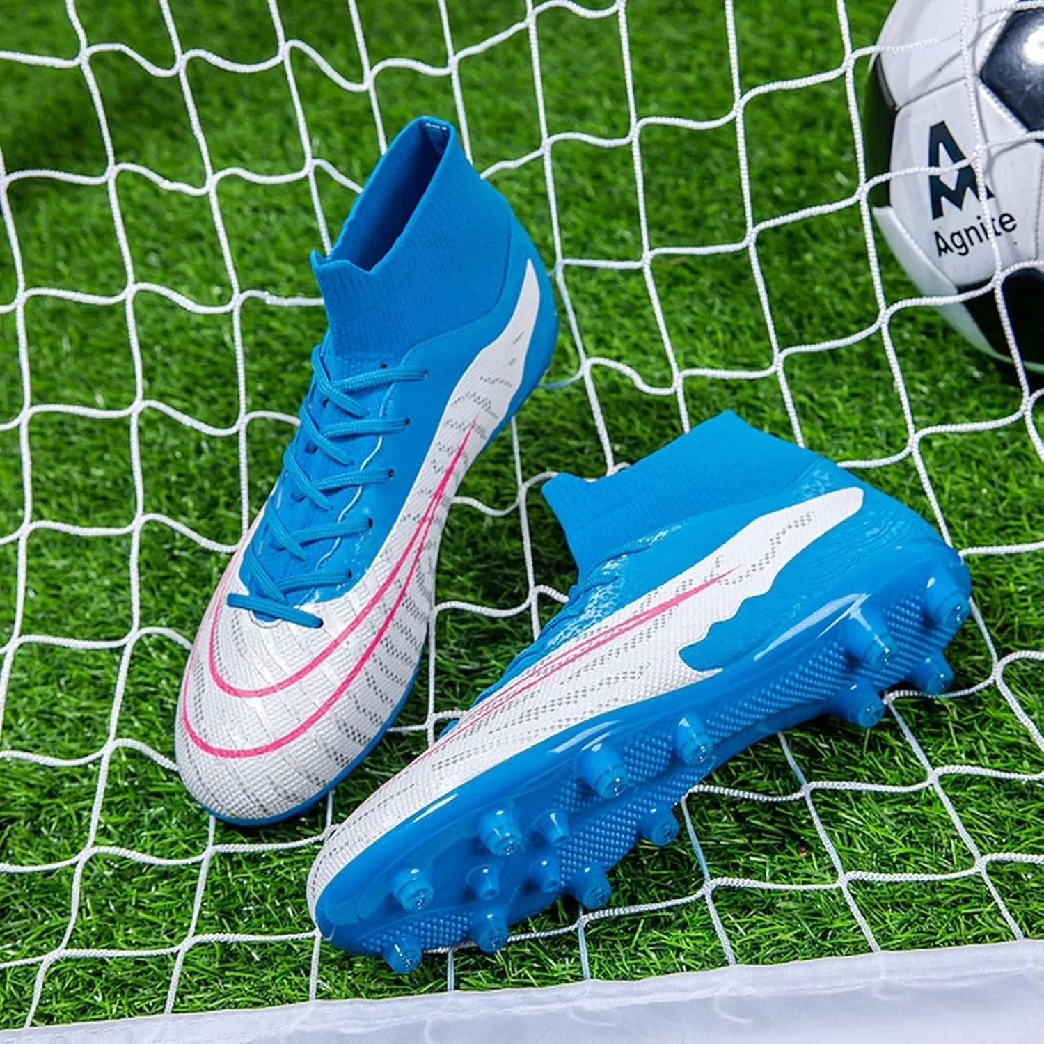 Lightweight Turf Football Cleats Grade, Soccer Cleats High Top Professional Breathable Shock Resistant Competition Athletic Training