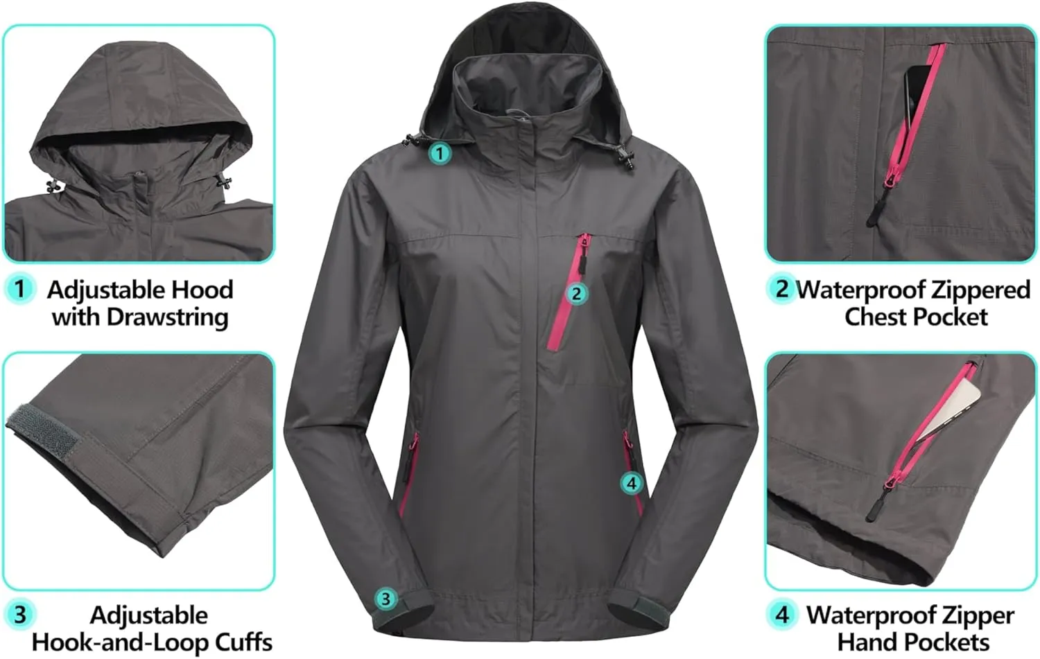 Little Donkey Andy Women's Waterproof Rain Jacket with Hood Breathable Lightweight Windbreaker Rain Shell Coat