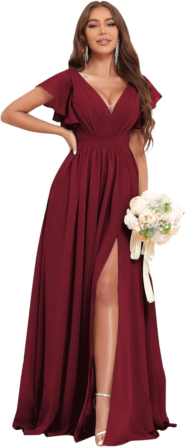 Long Bridesmaid Dresses for Women V Neck Short Sleeve Leg Slit A Line Corset Back Chiffon Maid of Honor Dress