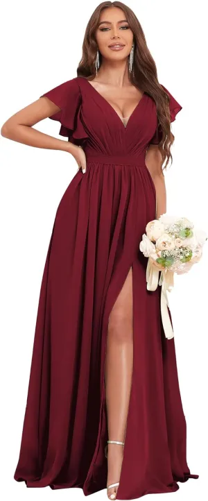 Long Bridesmaid Dresses for Women V Neck Short Sleeve Leg Slit A Line Corset Back Chiffon Maid of Honor Dress