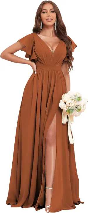 Long Bridesmaid Dresses for Women V Neck Short Sleeve Leg Slit A Line Corset Back Chiffon Maid of Honor Dress