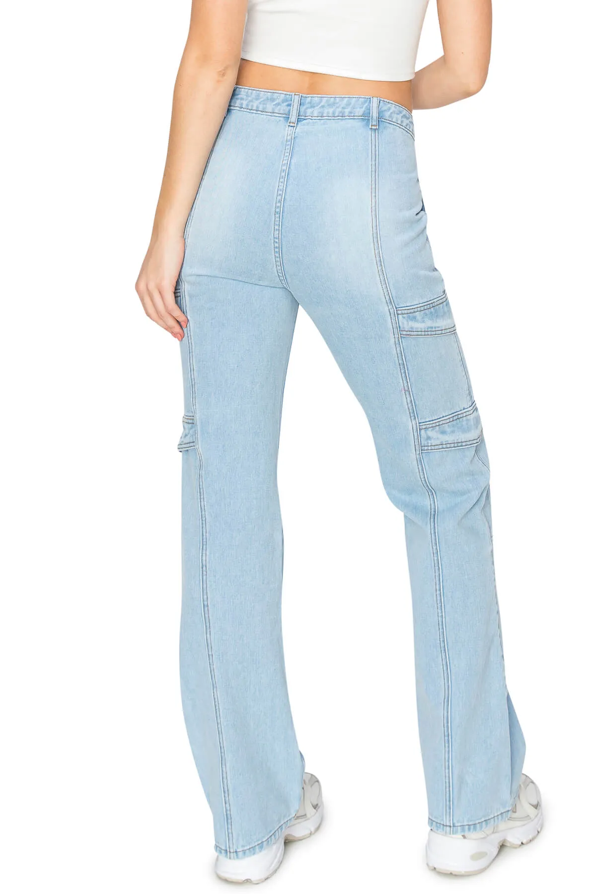 Low Rise Flared Leg Cargo Jeans - Light Wash