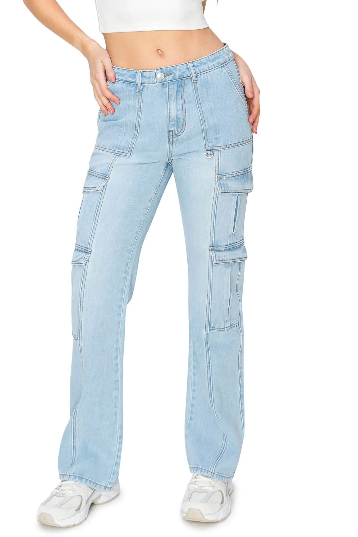 Low Rise Flared Leg Cargo Jeans - Light Wash