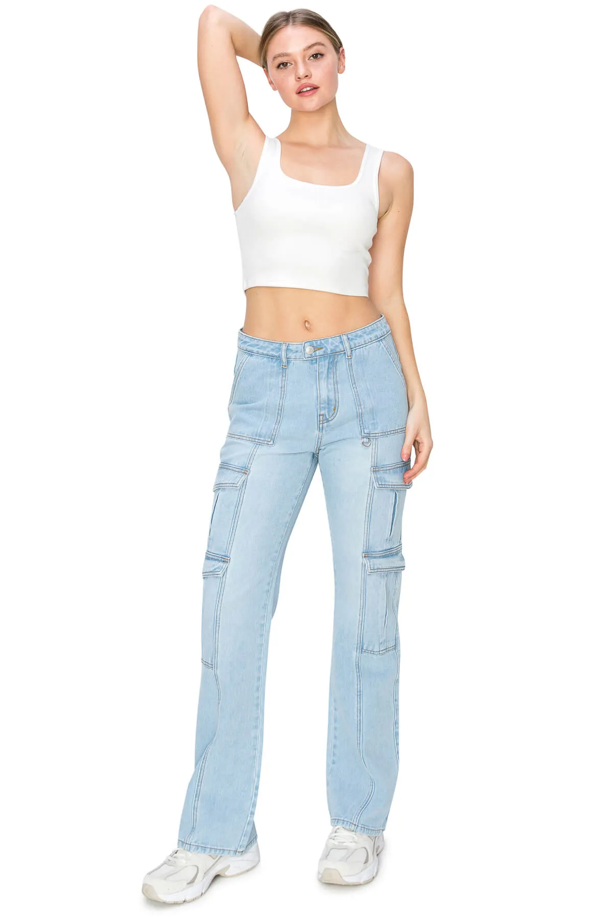 Low Rise Flared Leg Cargo Jeans - Light Wash