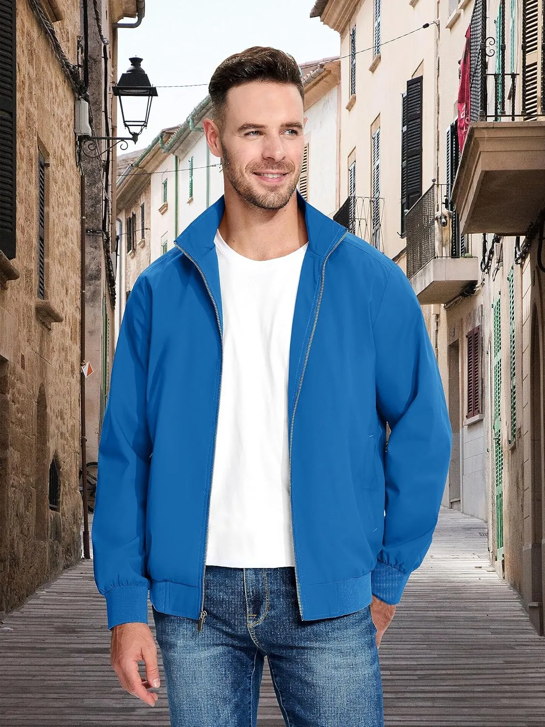 MAGCOMSEN Men's Lightweight Bomber Jacket Windproof Water Resistant Zip Up Coat Stand Up Collar Windbreaker with 3 Pockets
