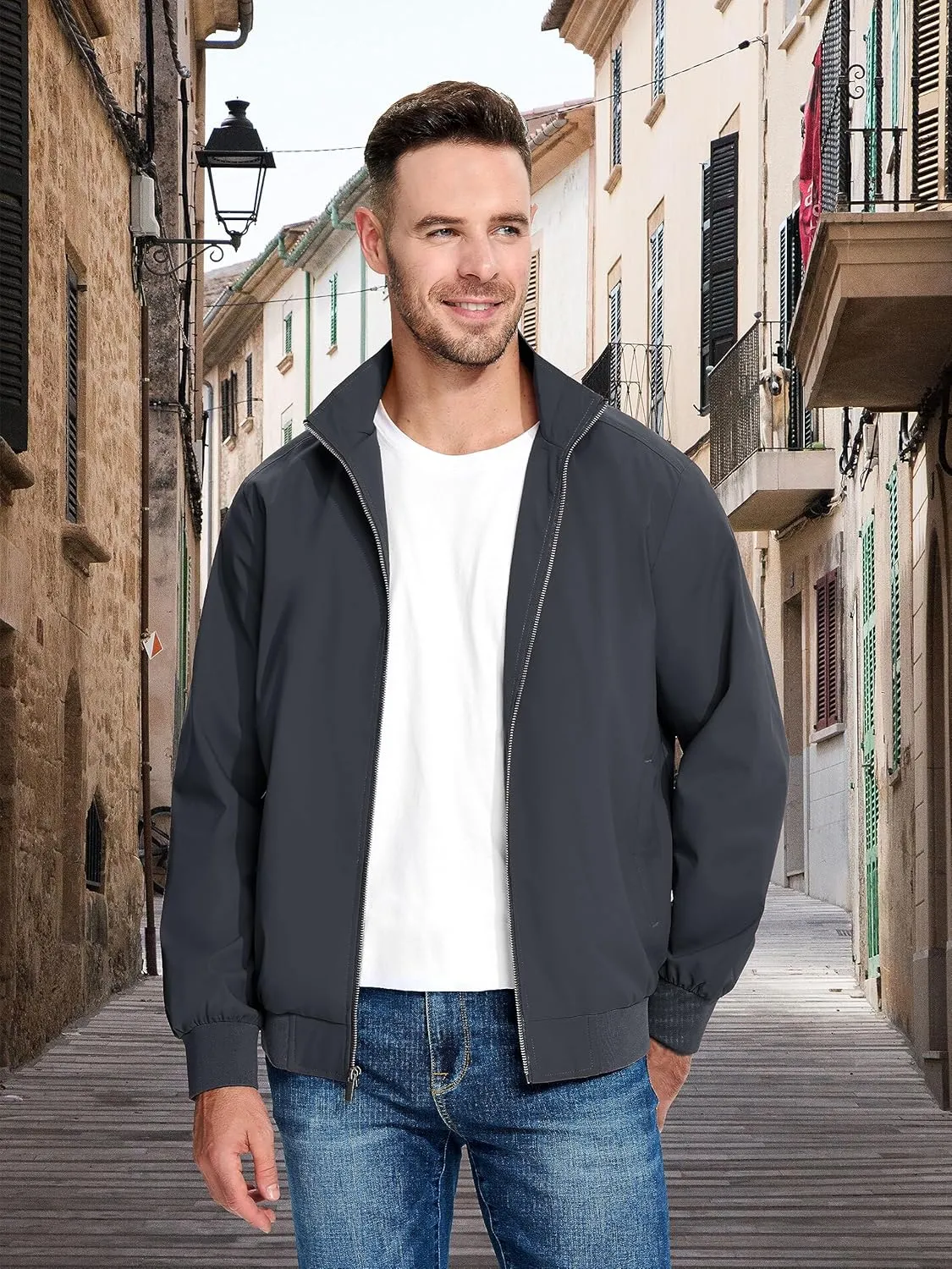 MAGCOMSEN Men's Lightweight Bomber Jacket Windproof Water Resistant Zip Up Coat Stand Up Collar Windbreaker with 3 Pockets