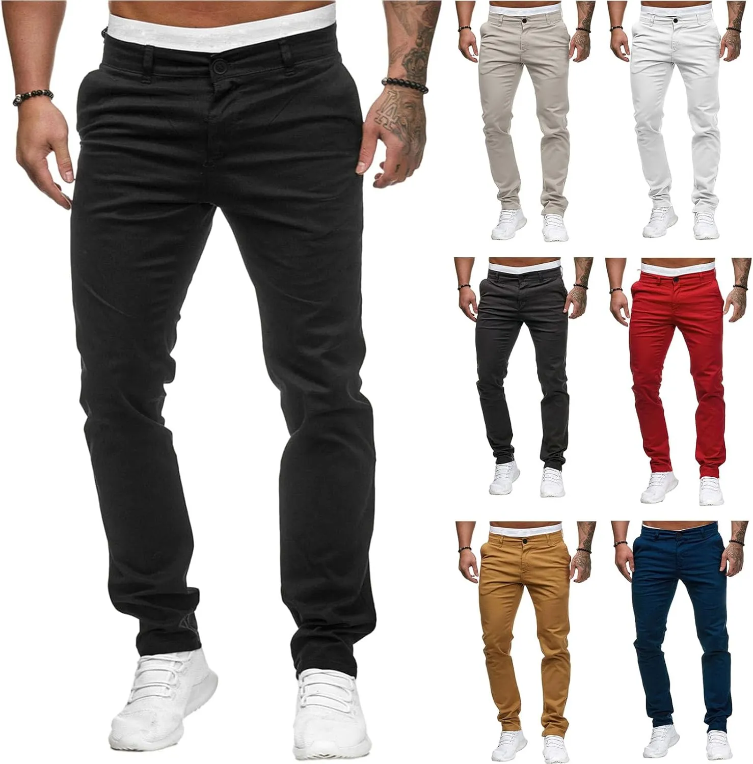 Mens Chinos Casual Pants Skinny Fit Stretch Flat Front Flex Waist Dress Pant Lightweight Comfort Straight Dress Slacks