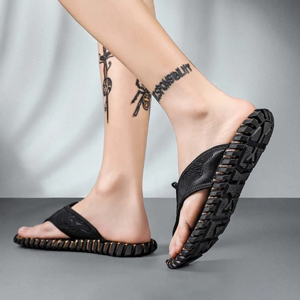 Mens Flip Flops Leather Thong Sandals Lightweight Water Shoes Open Toe Comfortable Summer Beach Slippers Slides for Pool Shower Dorm Sports Indoor Outdoor, Wide Strap Anti-Slip Sole