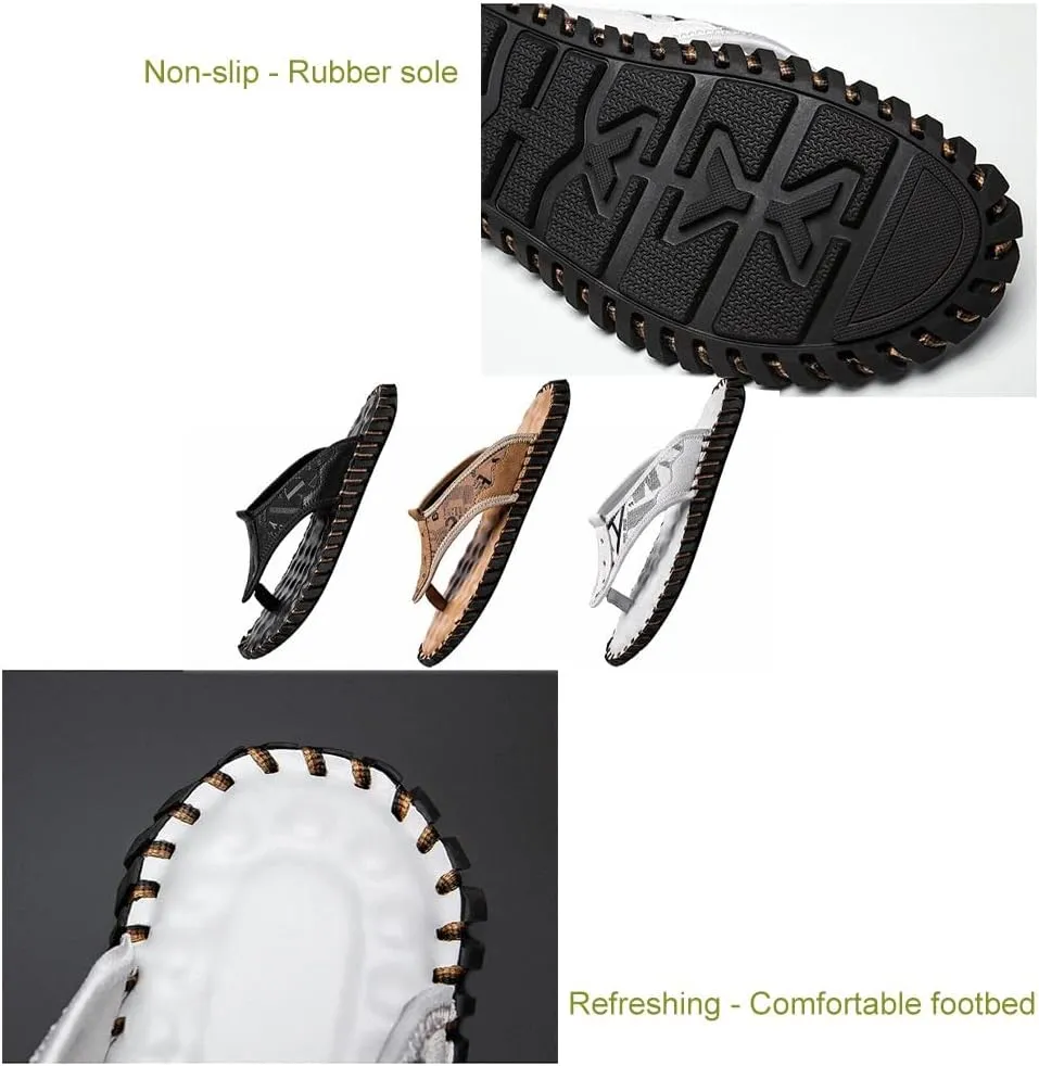 Mens Flip Flops Leather Thong Sandals Lightweight Water Shoes Open Toe Comfortable Summer Beach Slippers Slides for Pool Shower Dorm Sports Indoor Outdoor, Wide Strap Anti-Slip Sole